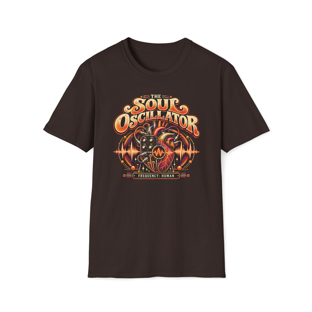 Dark brown The Soul Oscillator T-shirt with a heart-shaped analog oscillator and control knobs.
