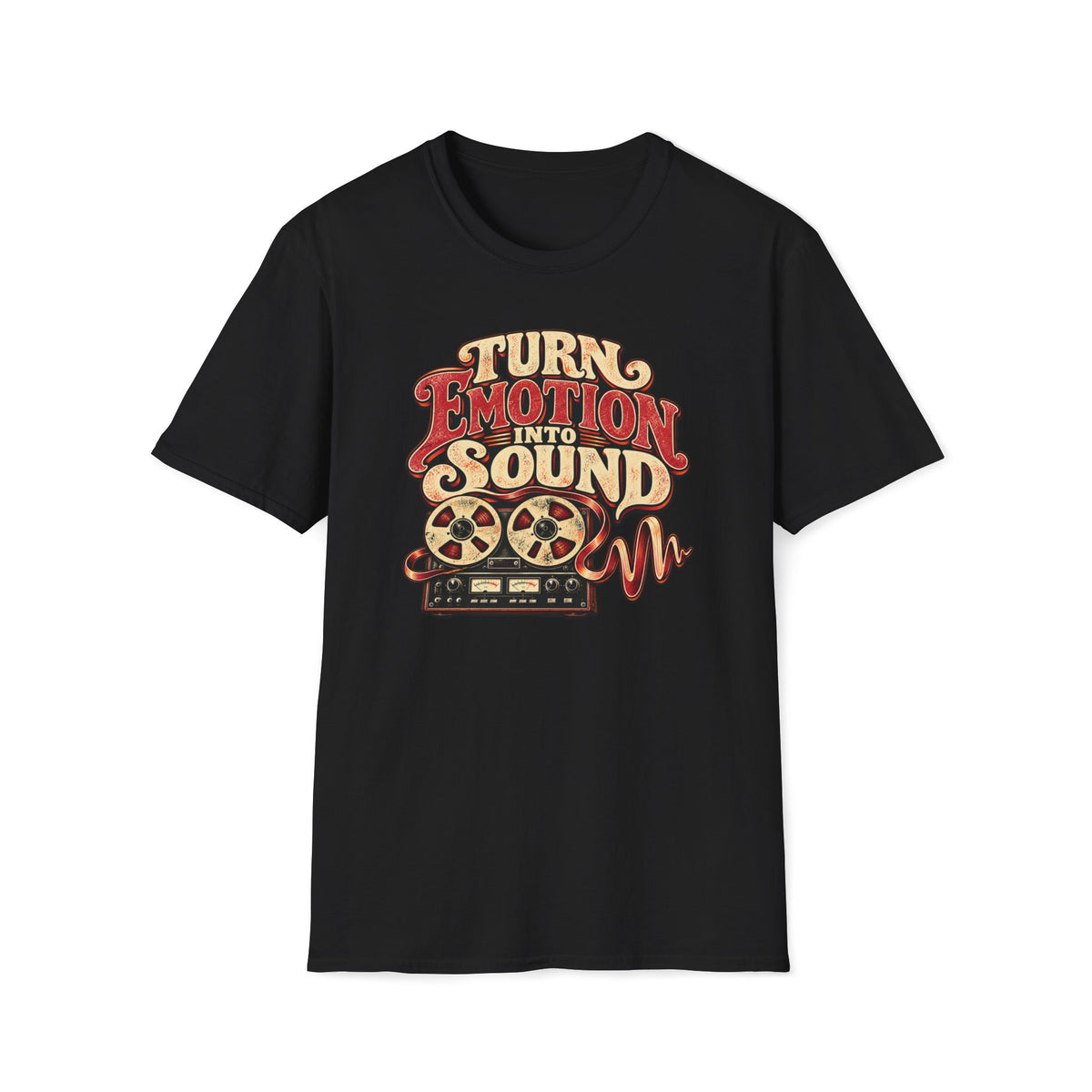 Black Turn Emotion Into Sound T-shirt with a reel-to-reel recorder with tape turning into a waveform.
