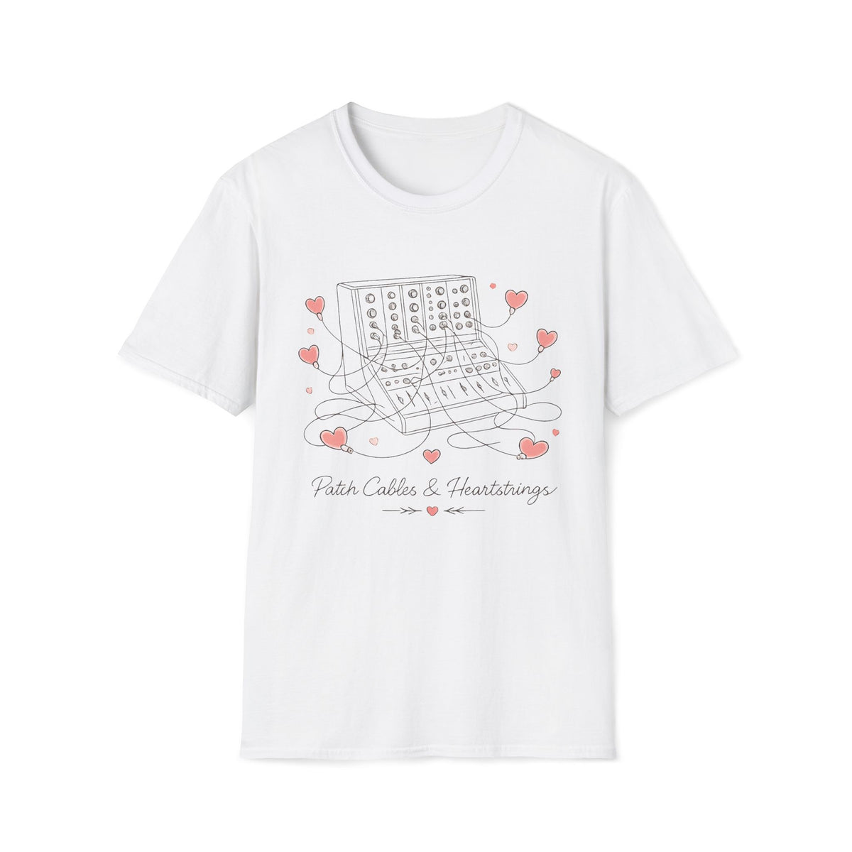 White Pastel Patch Cables & Heartstrings T-shirt with a synthesizer with pastel heart-shaped cables.