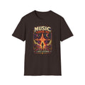 Dark brown Music Chose Me T-shirt with a figure walking toward a glowing cosmic waveform.
