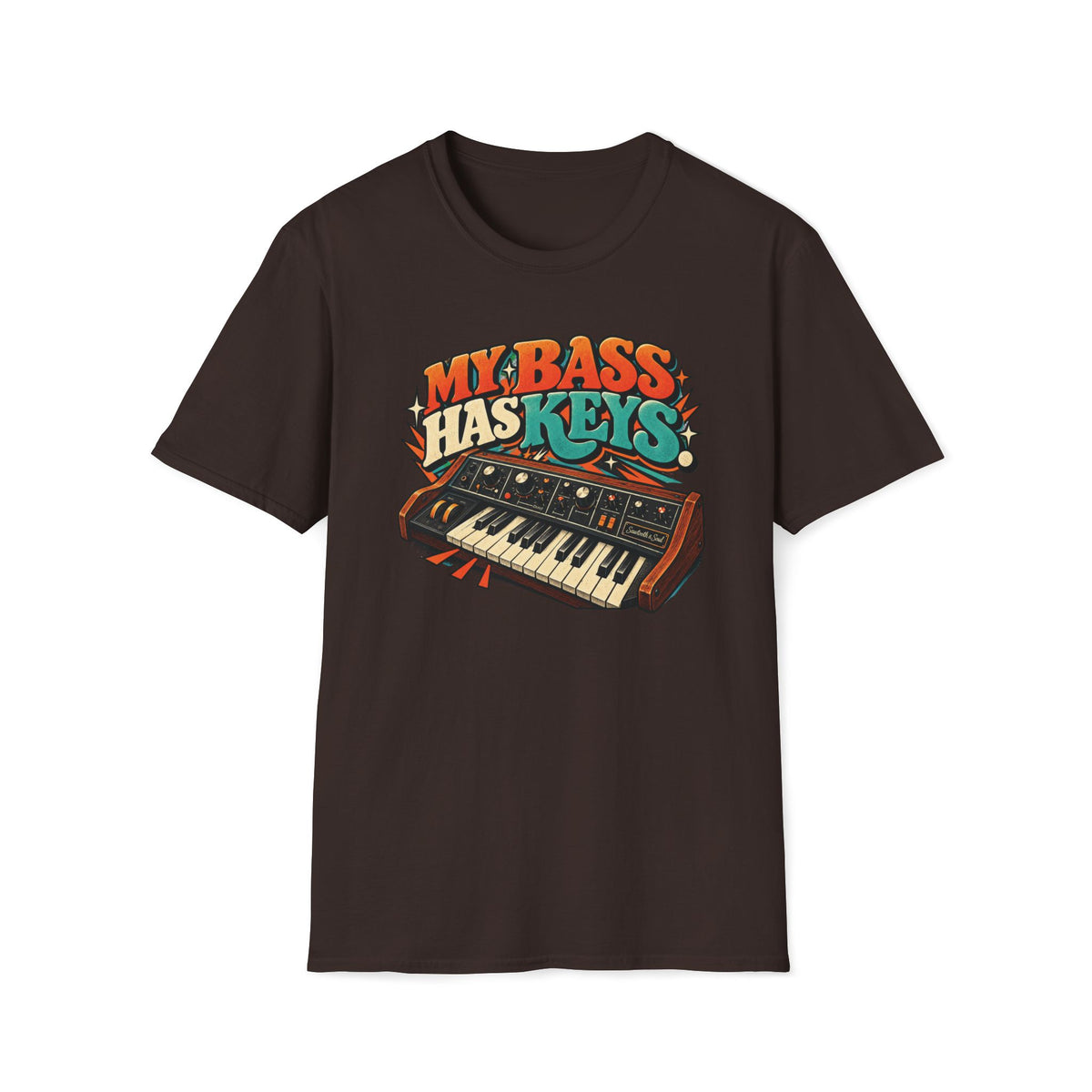 Dark brown My Bass Has Keys T-shirt with a wood-sided synthesizer with cream keys and teal accents.