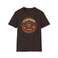Dark brown The Common Groove T-shirt with bass, guitar, drums, and synthesizer around a waveform.