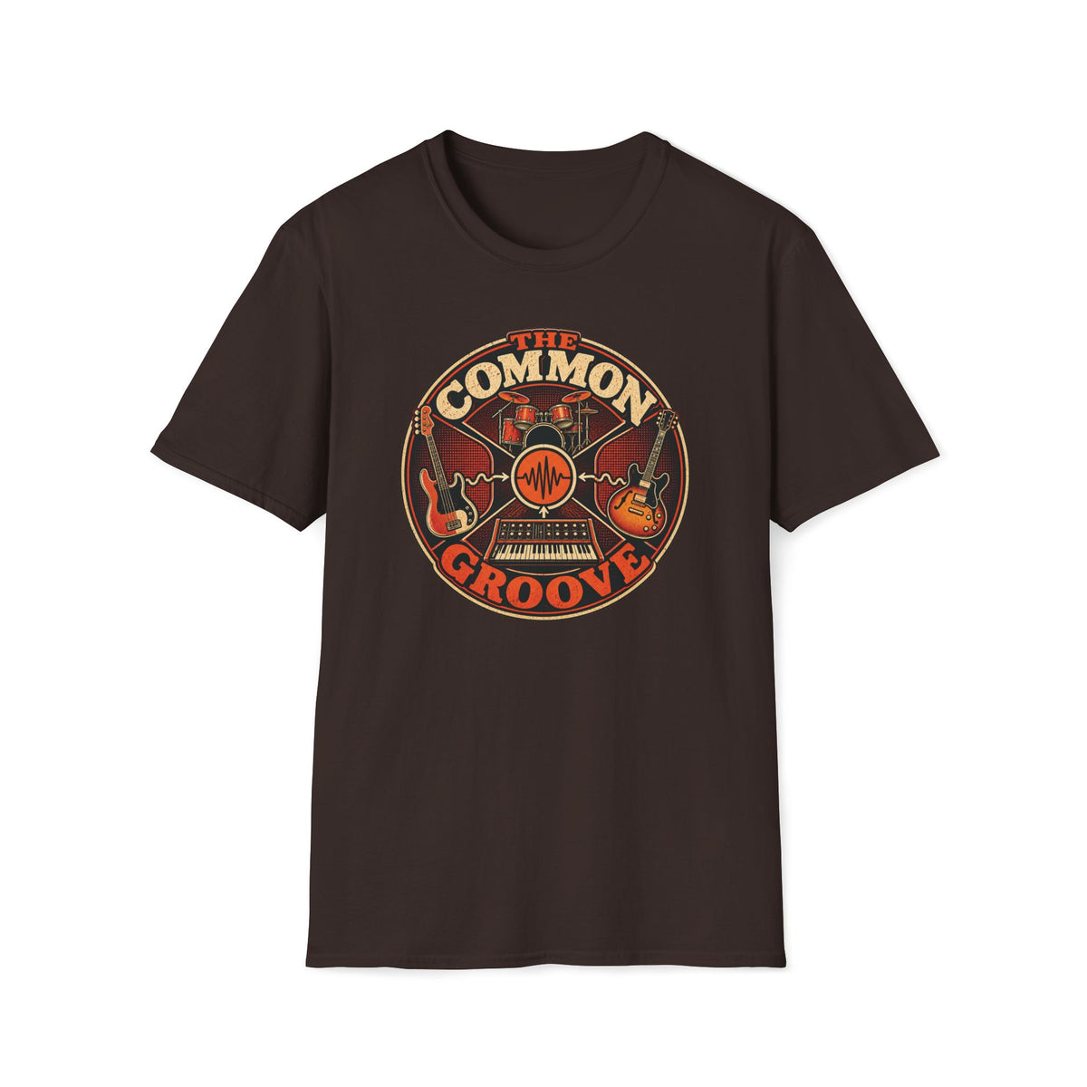 Dark brown The Common Groove T-shirt with bass, guitar, drums, and synthesizer around a waveform.
