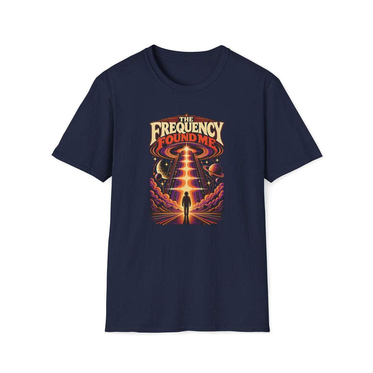 Navy The Frequency Found Me T-shirt with a figure beneath a beam of sound among planets.