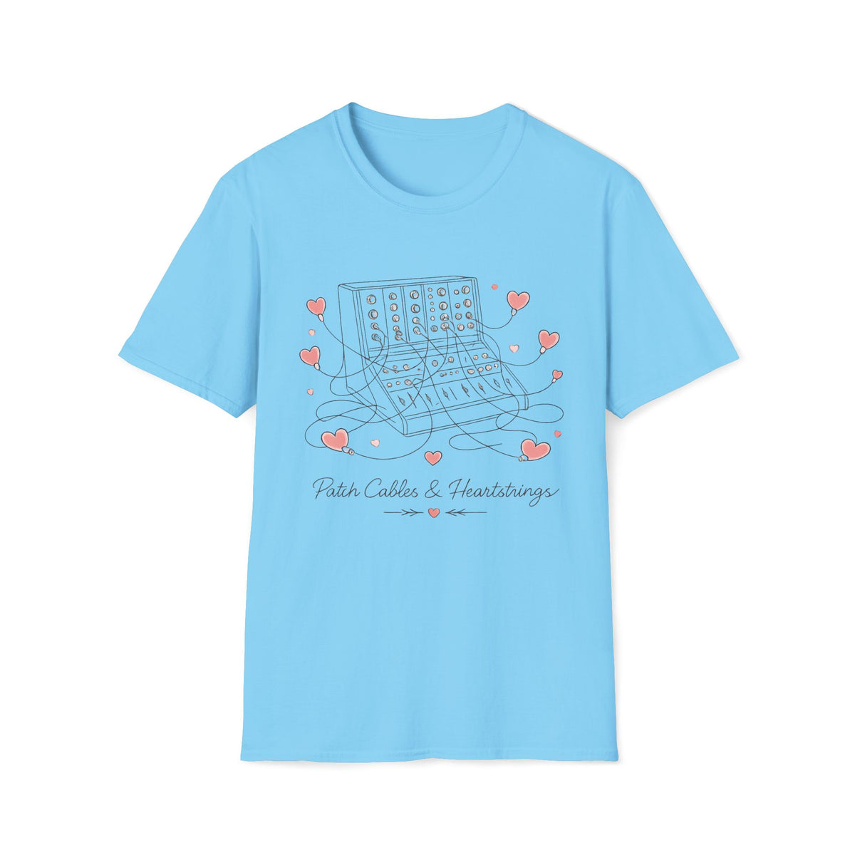 Sky blue Pastel Patch Cables & Heartstrings T-shirt with a synthesizer with pastel heart-shaped cables.