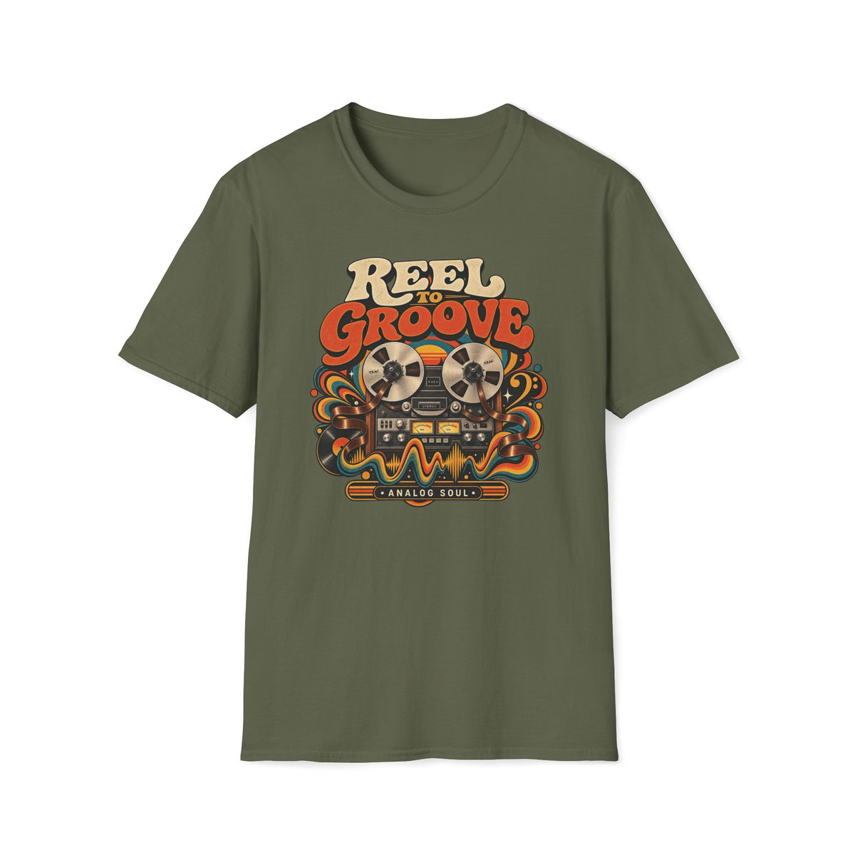 Military green Reel to Groove T-shirt with a reel-to-reel recorder with flowing tape and waves.