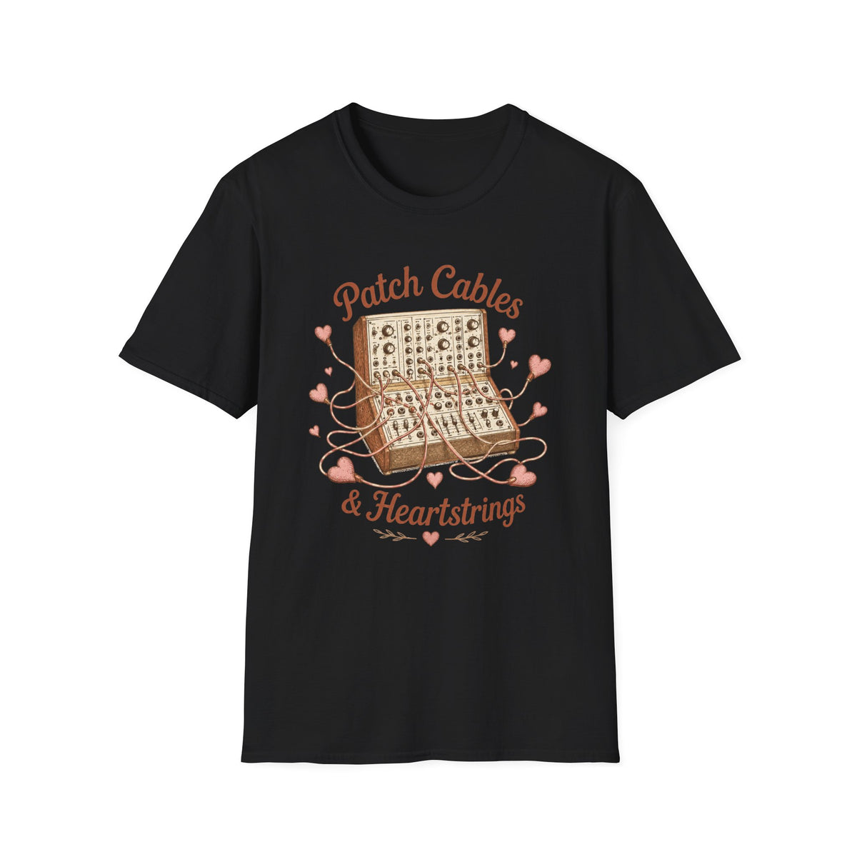 Black Patch Cables & Heartstrings T-shirt with a modular synthesizer wrapped in heart-shaped cables.