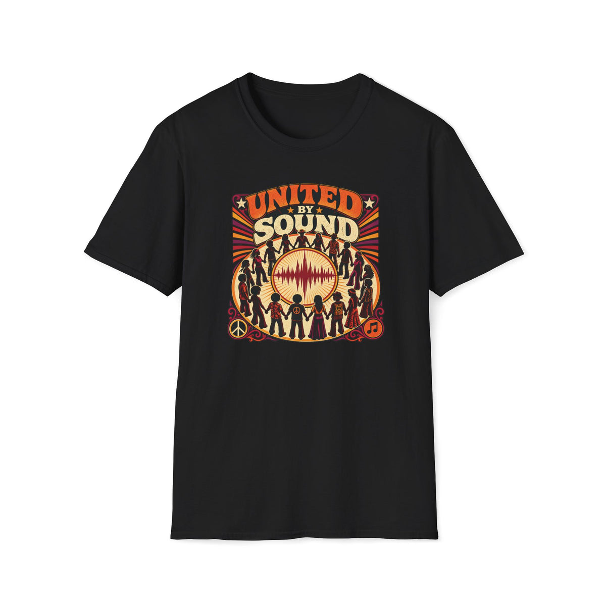 Black United by Sound T-shirt with people holding hands around a waveform and peace symbol.