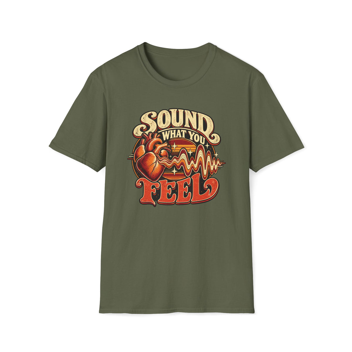 Military green Sound What You Feel T-shirt with a heart transforming into a musical waveform.
