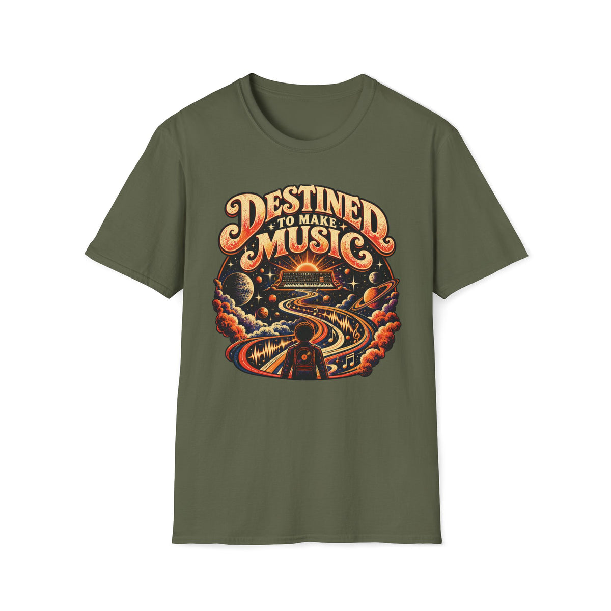 Military green Destined to Make Music T-shirt with a cosmic music scene with a synthesizer.