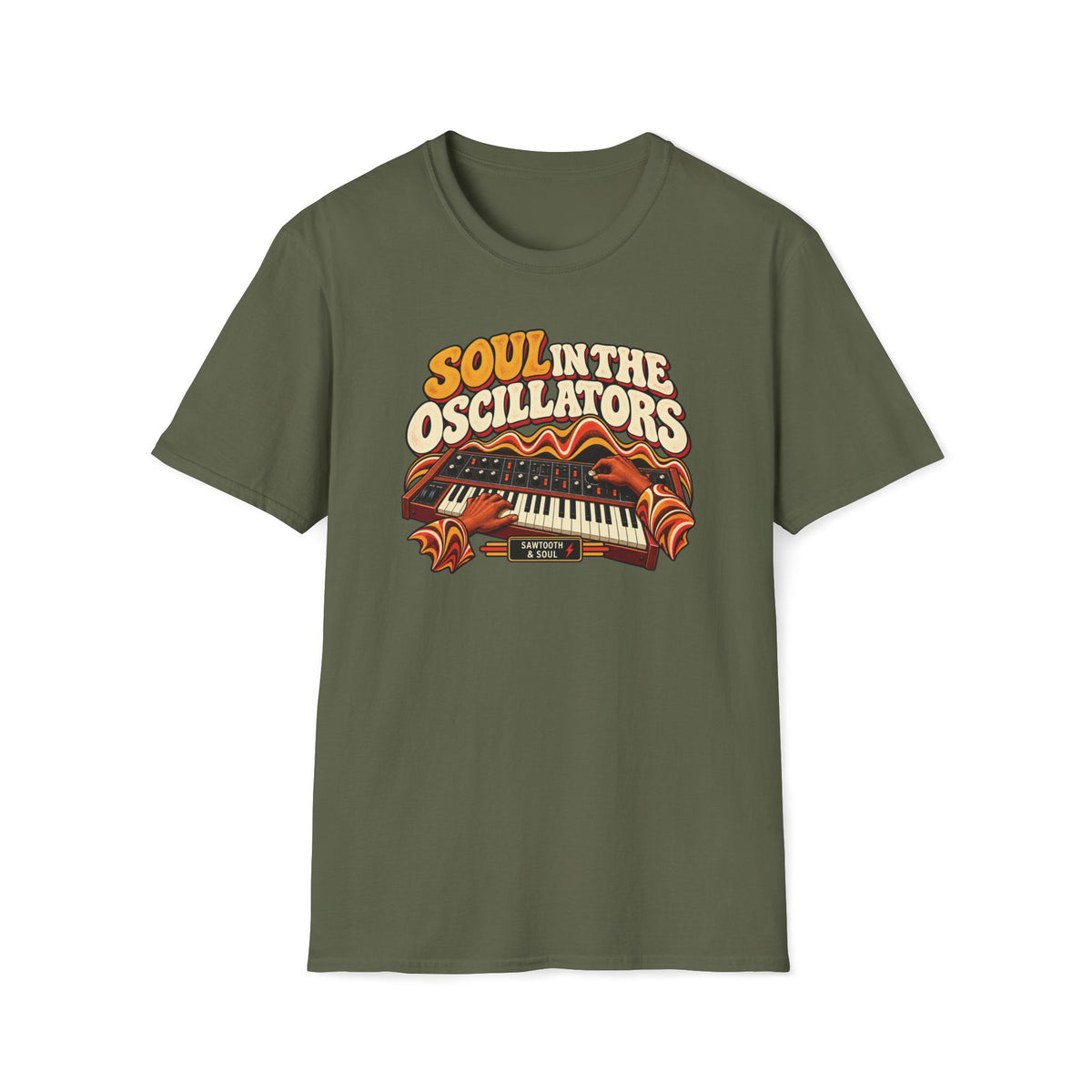 Military green Soul in the Oscillators T-shirt with hands playing and adjusting a vintage synthesizer.