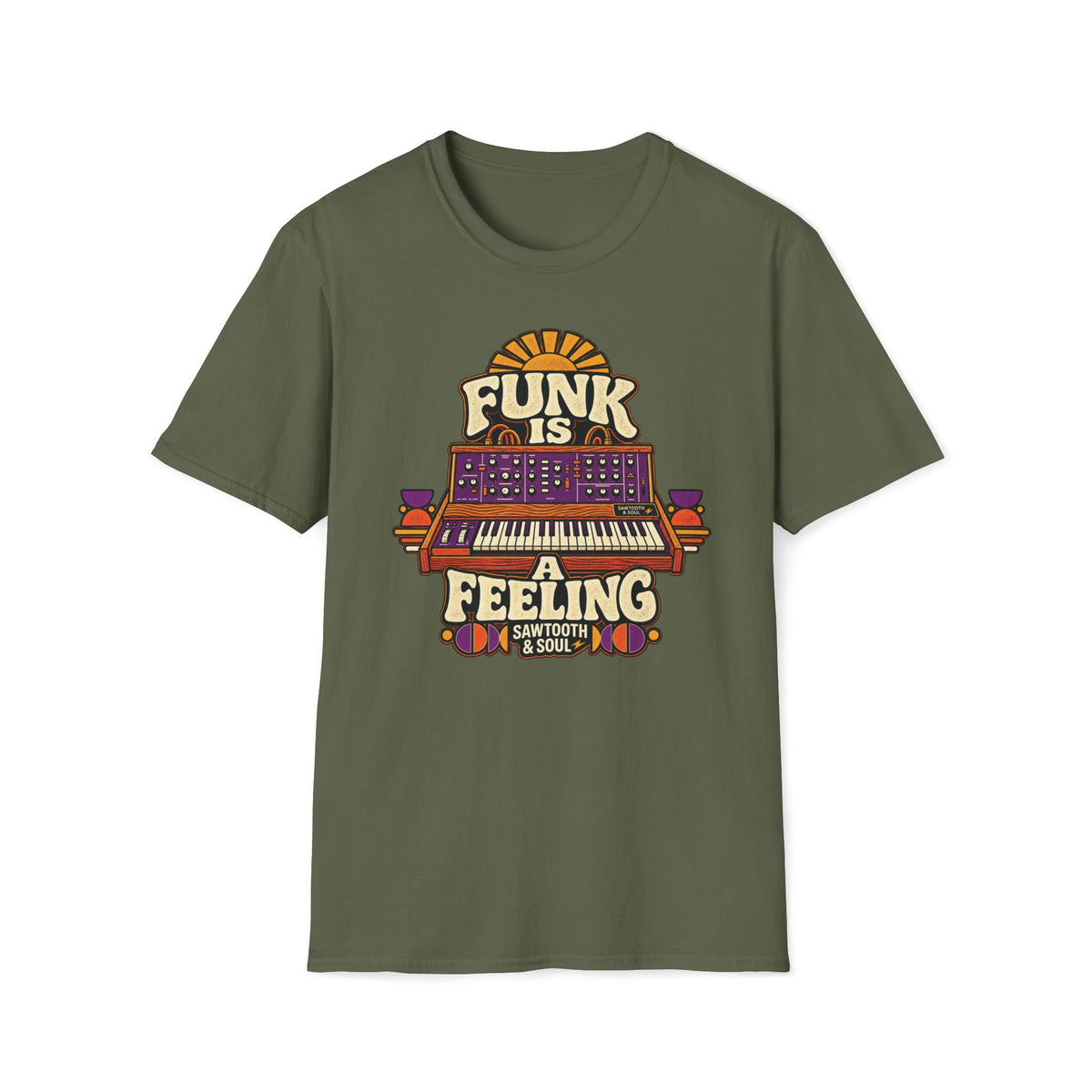 Military green Funk Is a Feeling T-shirt with a vintage synthesizer and warm geometric accents.