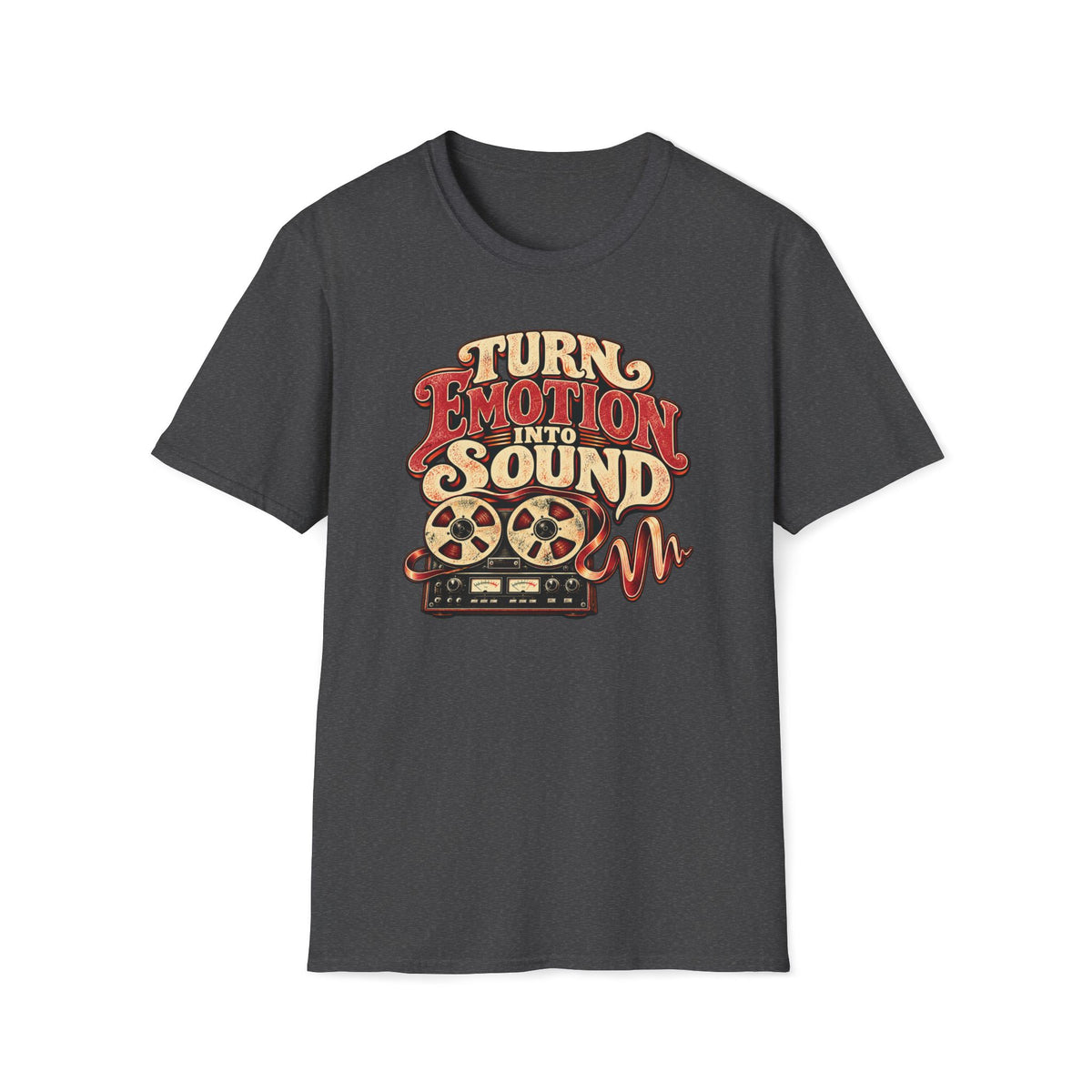 Dark heather gray Turn Emotion Into Sound T-shirt with a reel-to-reel recorder with tape turning into a waveform.