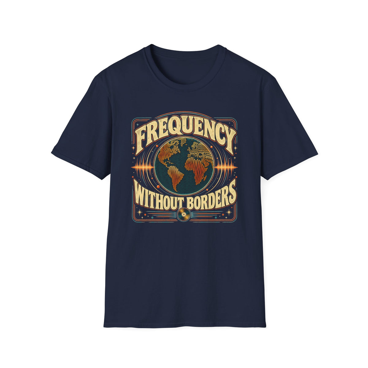 Navy Frequency Without Borders T-shirt with a world map surrounded by radiating sound waves.