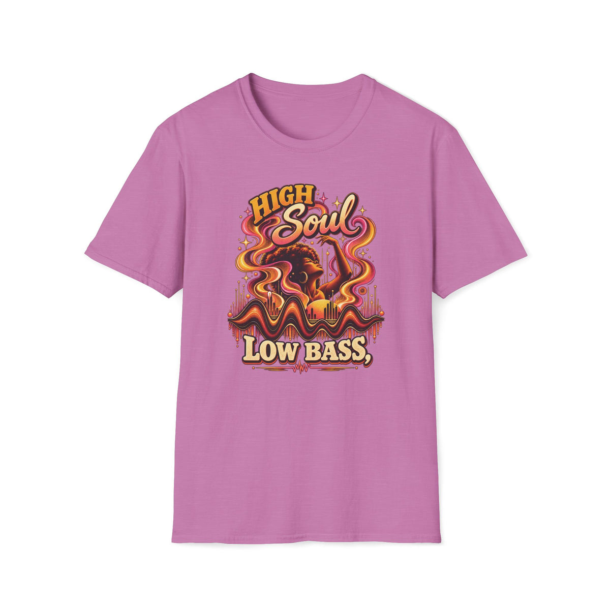 Heather radiant orchid High Soul Low Bass T-shirt with a woman with a raised arm and colorful flowing ribbons.