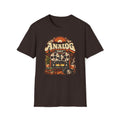 Dark brown Analog Only T-shirt with a reel-to-reel recorder, speakers, headphones, and coffee.