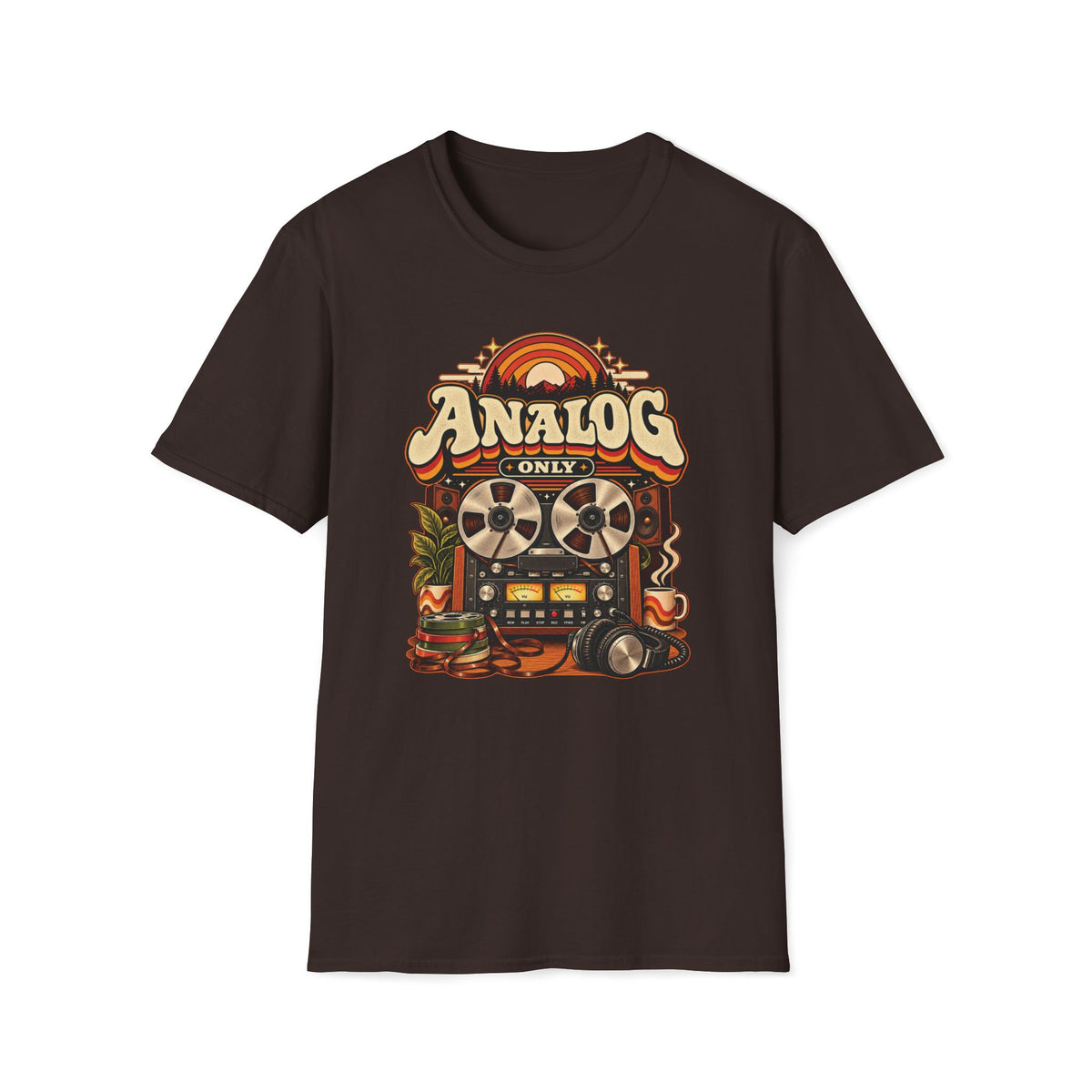 Dark brown Analog Only T-shirt with a reel-to-reel recorder, speakers, headphones, and coffee.
