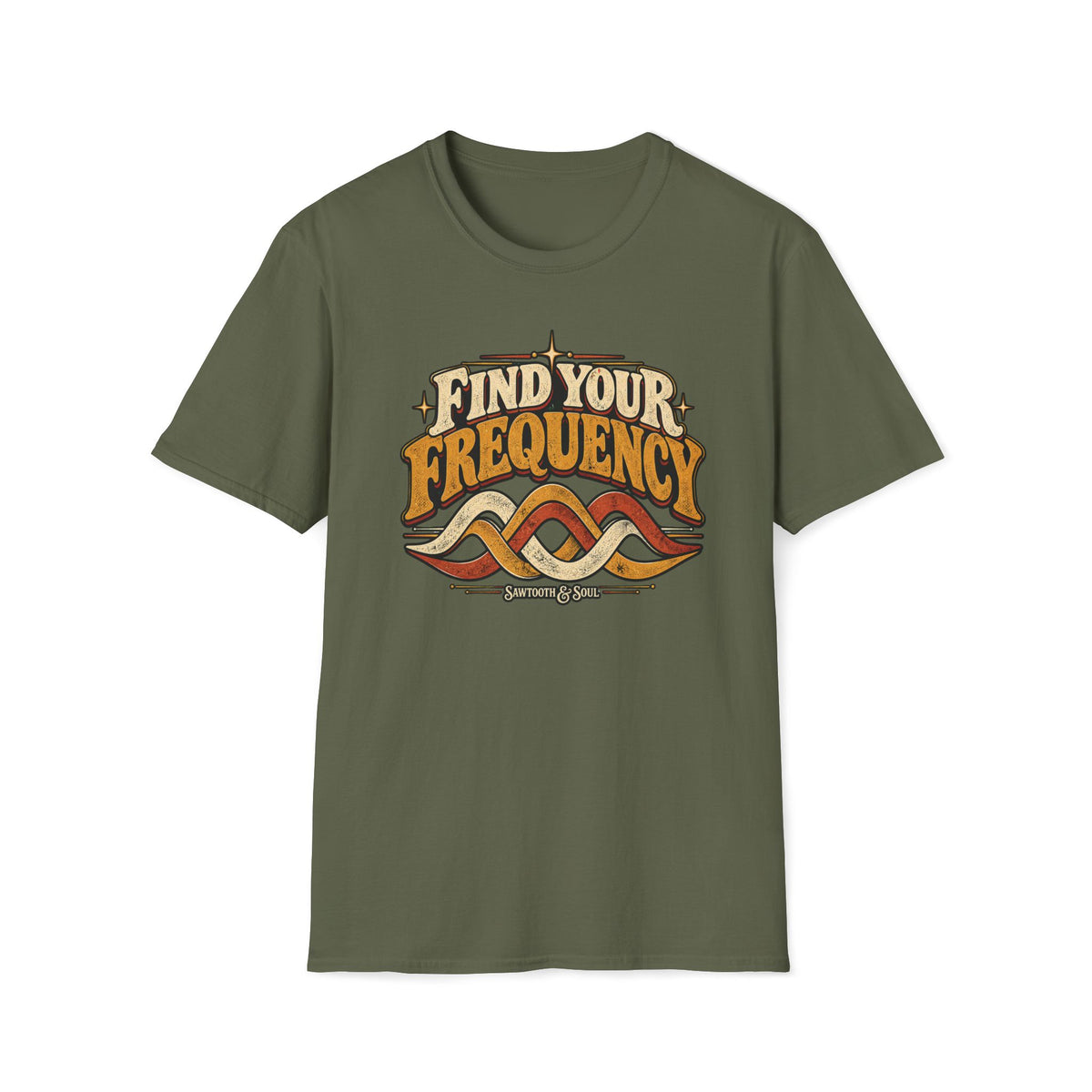 Military green Find Your Frequency T-shirt with three interlocking cream, gold, and rust waves.