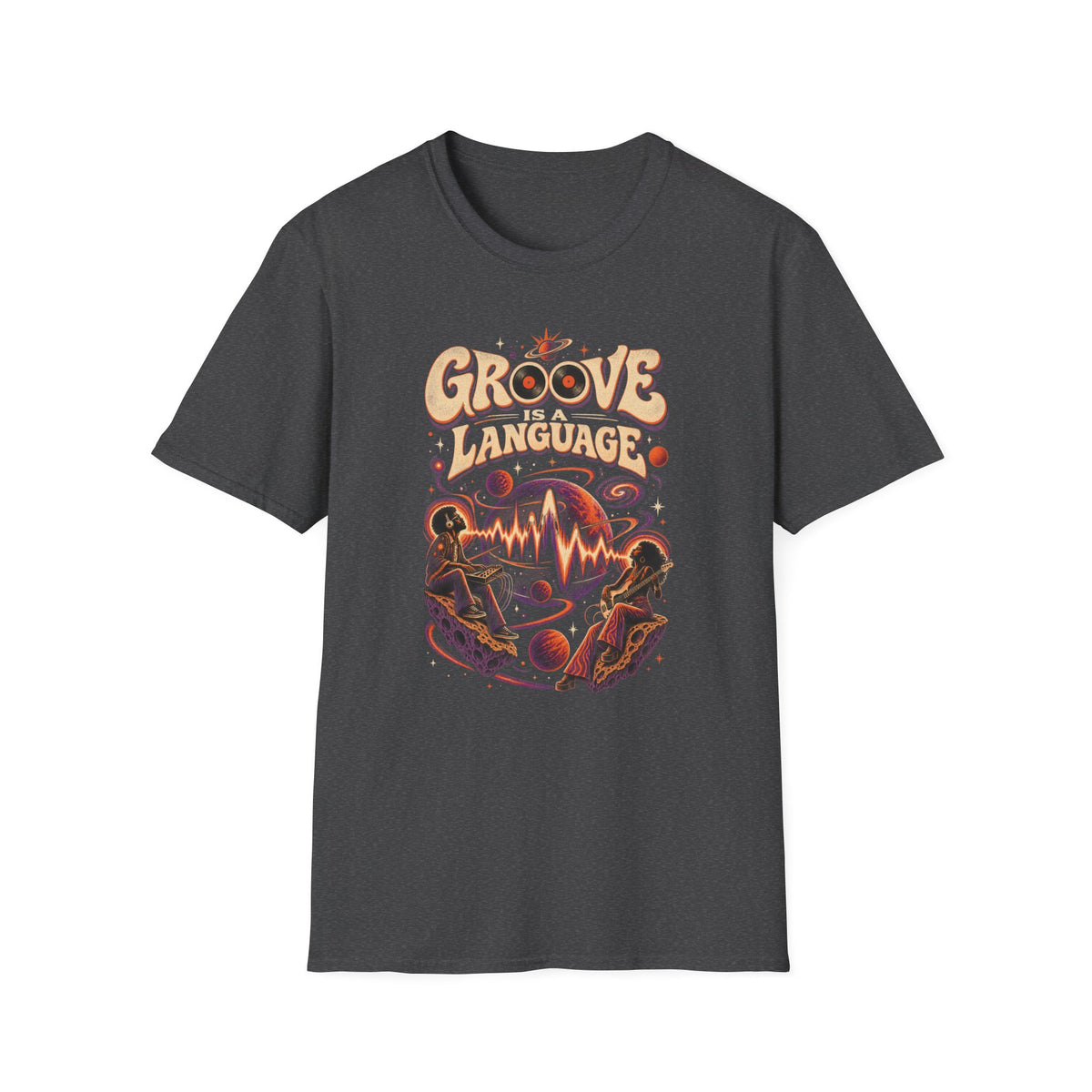 Dark heather gray Groove Is a Language T-shirt with two musicians in a cosmic jam with planets and waves.