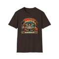 Dark brown Sound Connects Us T-shirt with people surrounding a vinyl record and sound waves.