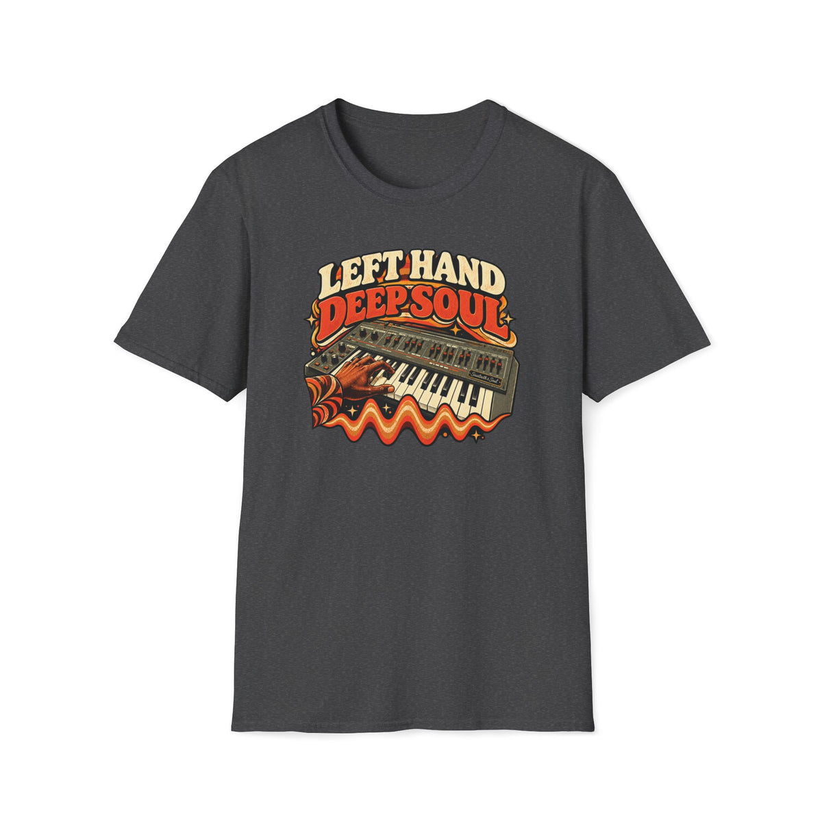 Dark heather gray Left Hand Deep Soul T-shirt with a hand playing synthesizer keys above a bass waveform.