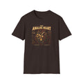 Dark brown The Analog Heart T-shirt with a mechanical heart built from tape reels and tubes.
