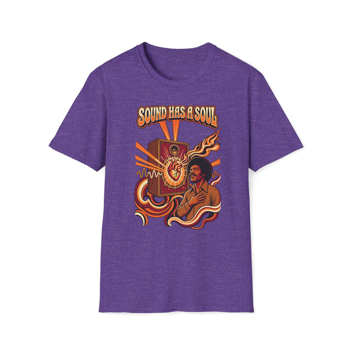 Heather purple Sound Has a Soul T-shirt with a speaker, heart, musician, and flowing sound waves.