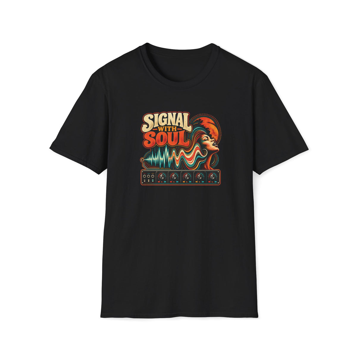 Black Signal With Soul T-shirt with a portrait blended with teal waves and synth controls.