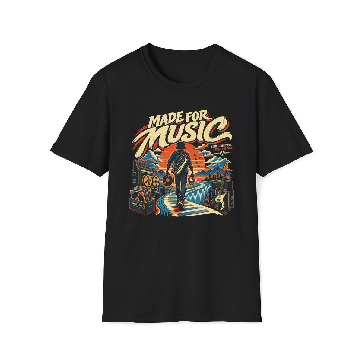 Black Made for Music T-shirt with a musician following a piano-key path toward a sunset.