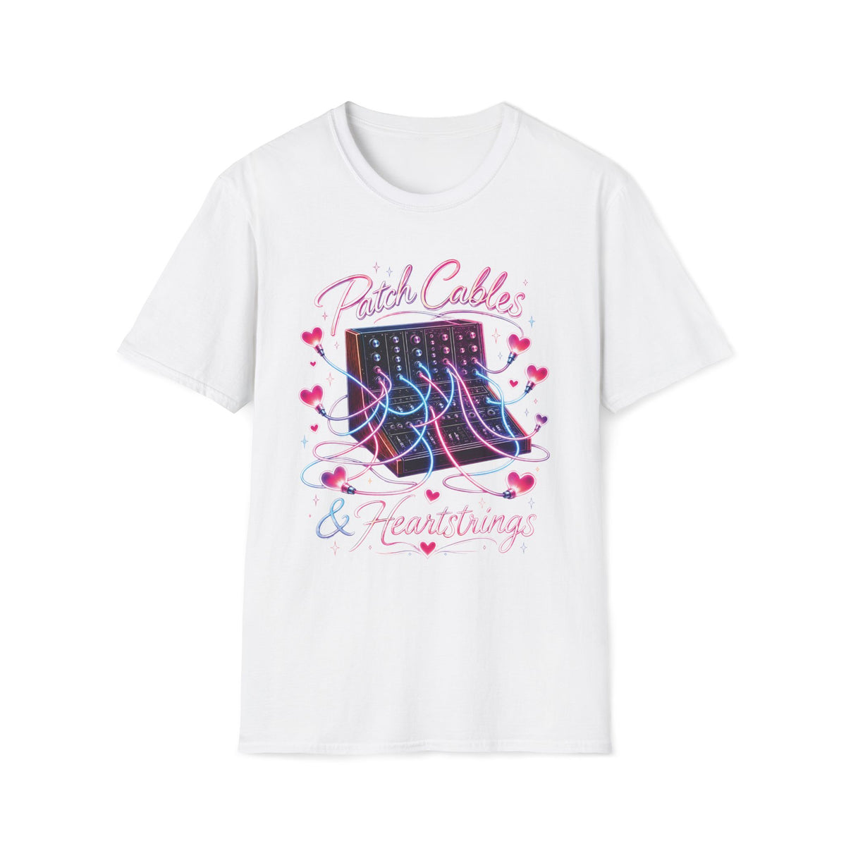 White Neon Patch Cables & Heartstrings T-shirt with a synthesizer with pink and blue heart-shaped cables.