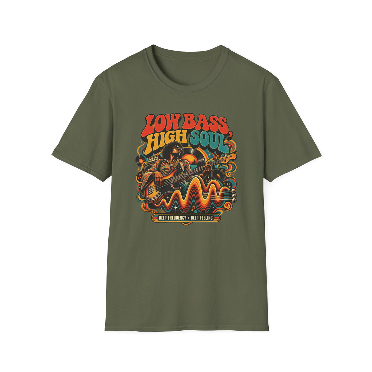Low Bass High Soul T-Shirt — Retro Bass Player Graphic Tee