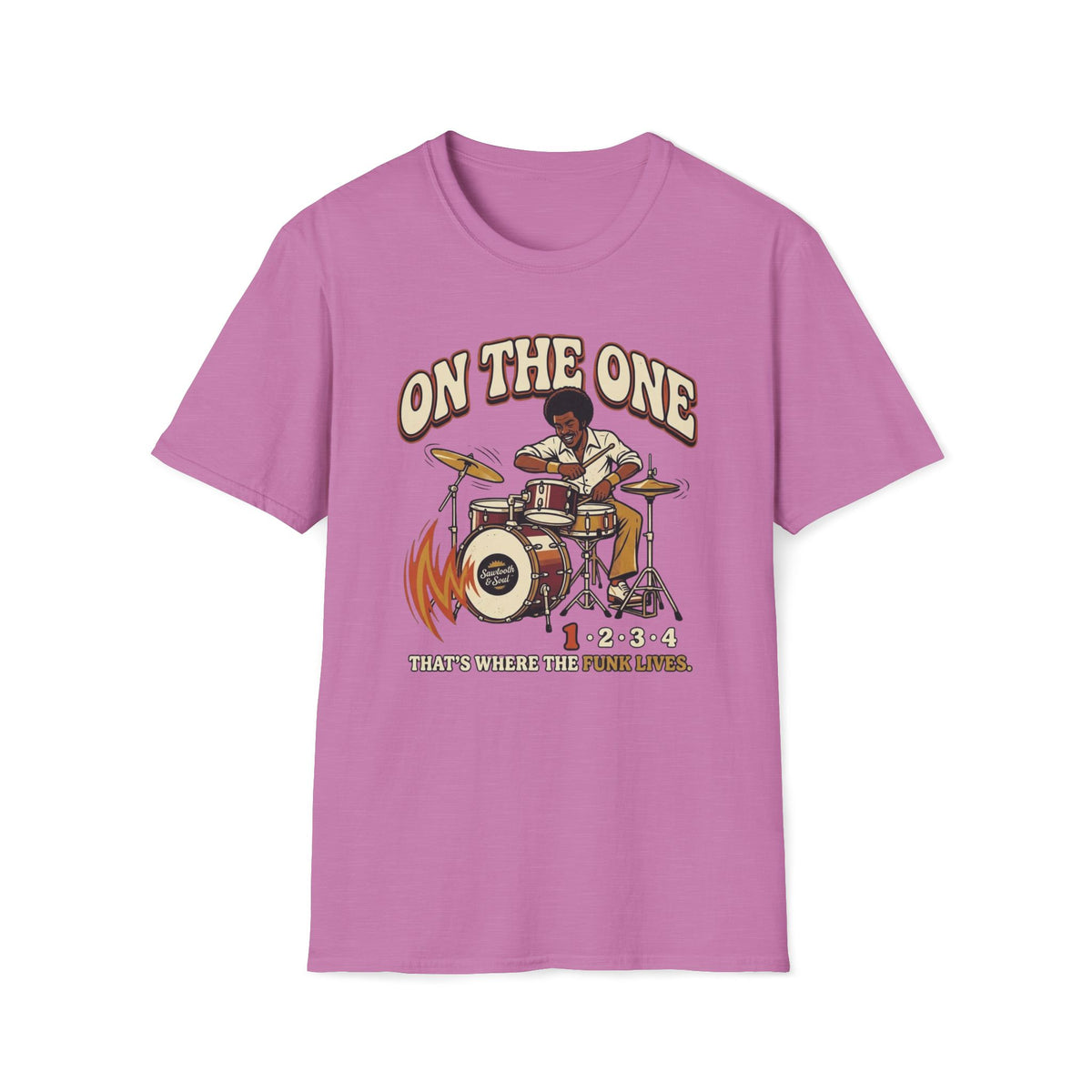 Heather radiant orchid On the One T-shirt with a drummer at a vintage kit with an accented first beat.