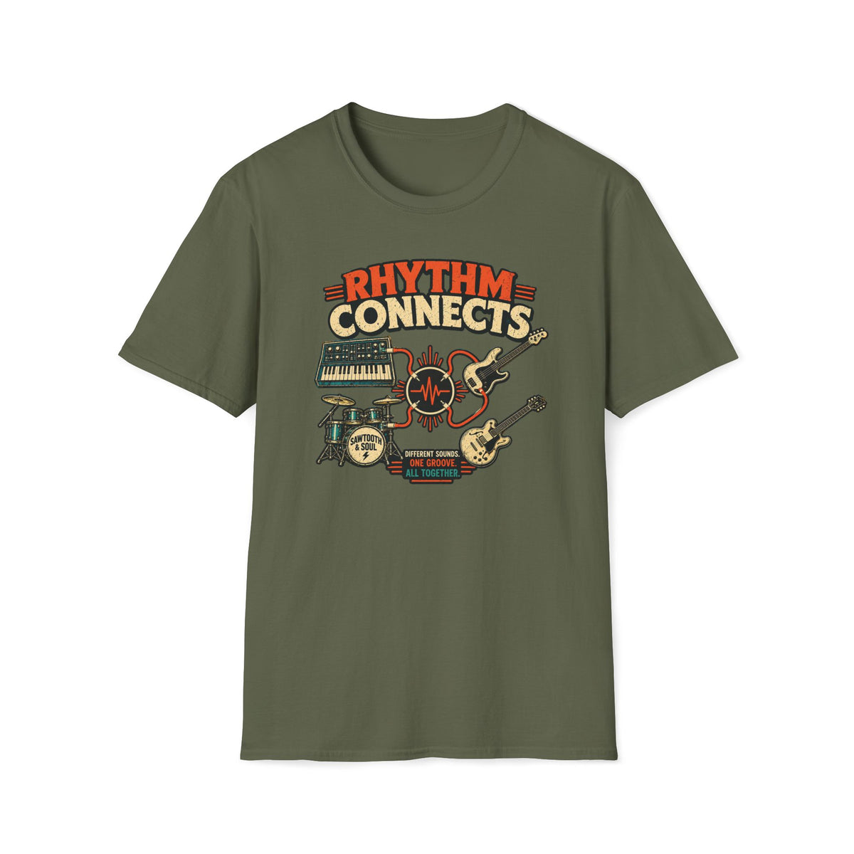 Military green Rhythm Connects T-shirt with band instruments linked by orange cables and a waveform.