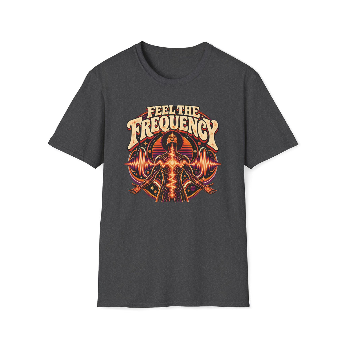 Dark heather gray Feel the Frequency T-shirt with a human figure within layered waves and frequency rings.