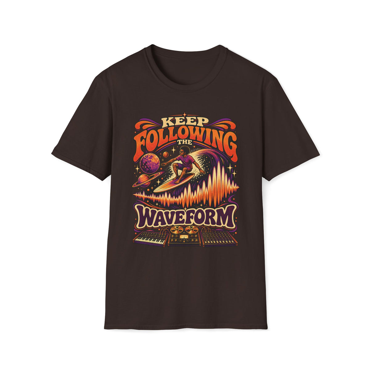 Dark brown Keep Following the Waveform T-shirt with a surfer riding a waveform above analog music gear.