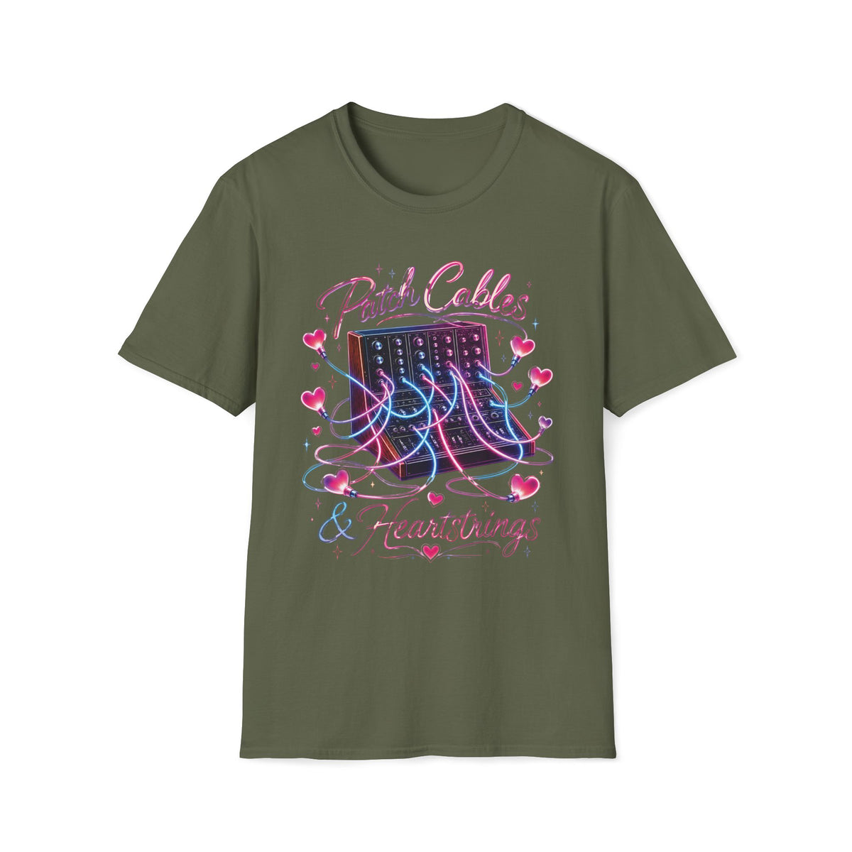 Military green Neon Patch Cables & Heartstrings T-shirt with a synthesizer with pink and blue heart-shaped cables.