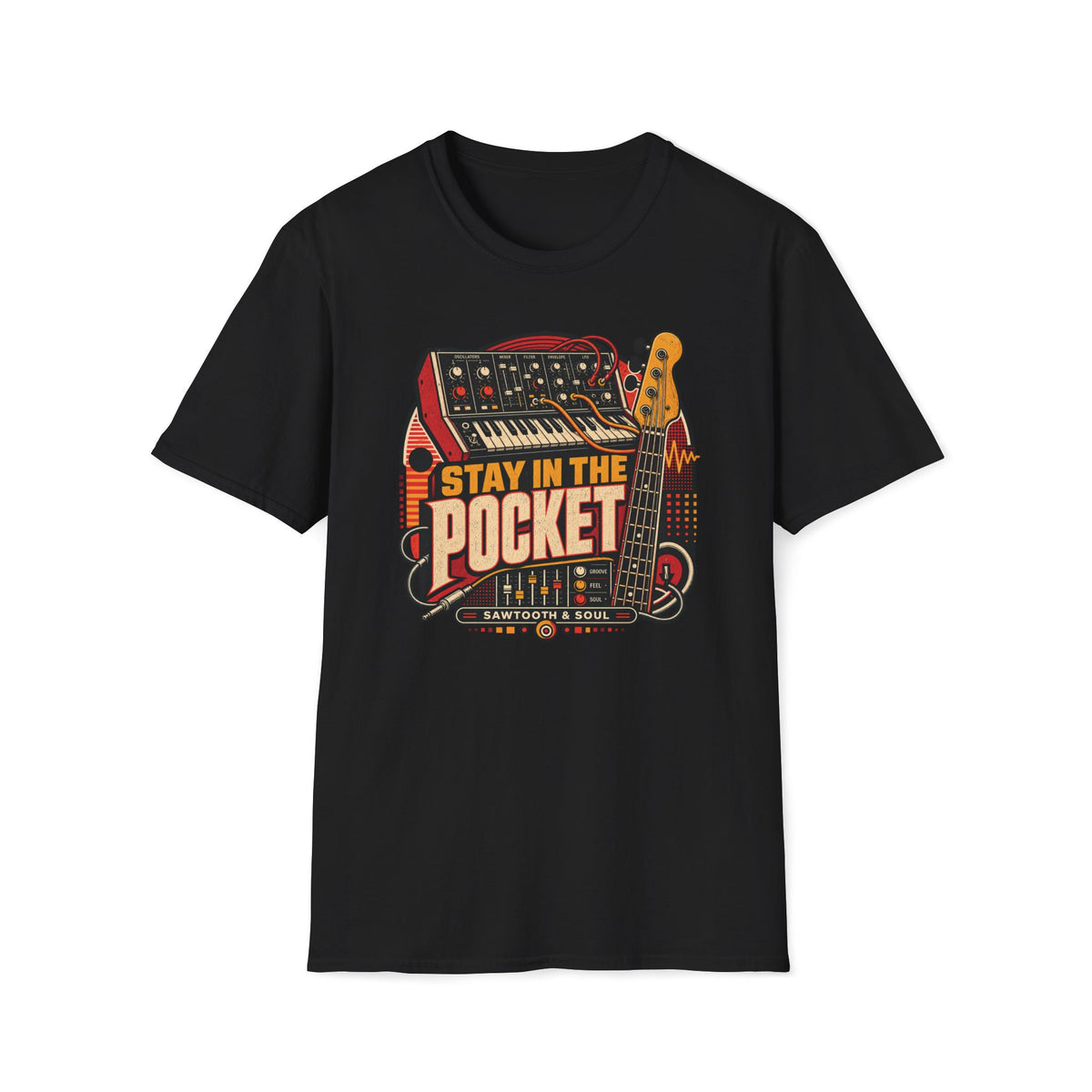 Black Stay in the Pocket T-shirt with a synthesizer, bass guitar, patch cables, and waveforms.