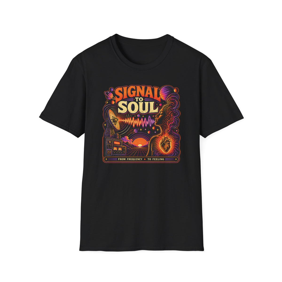 Black Signal to Soul T-shirt with a satellite dish sending a waveform toward a portrait.