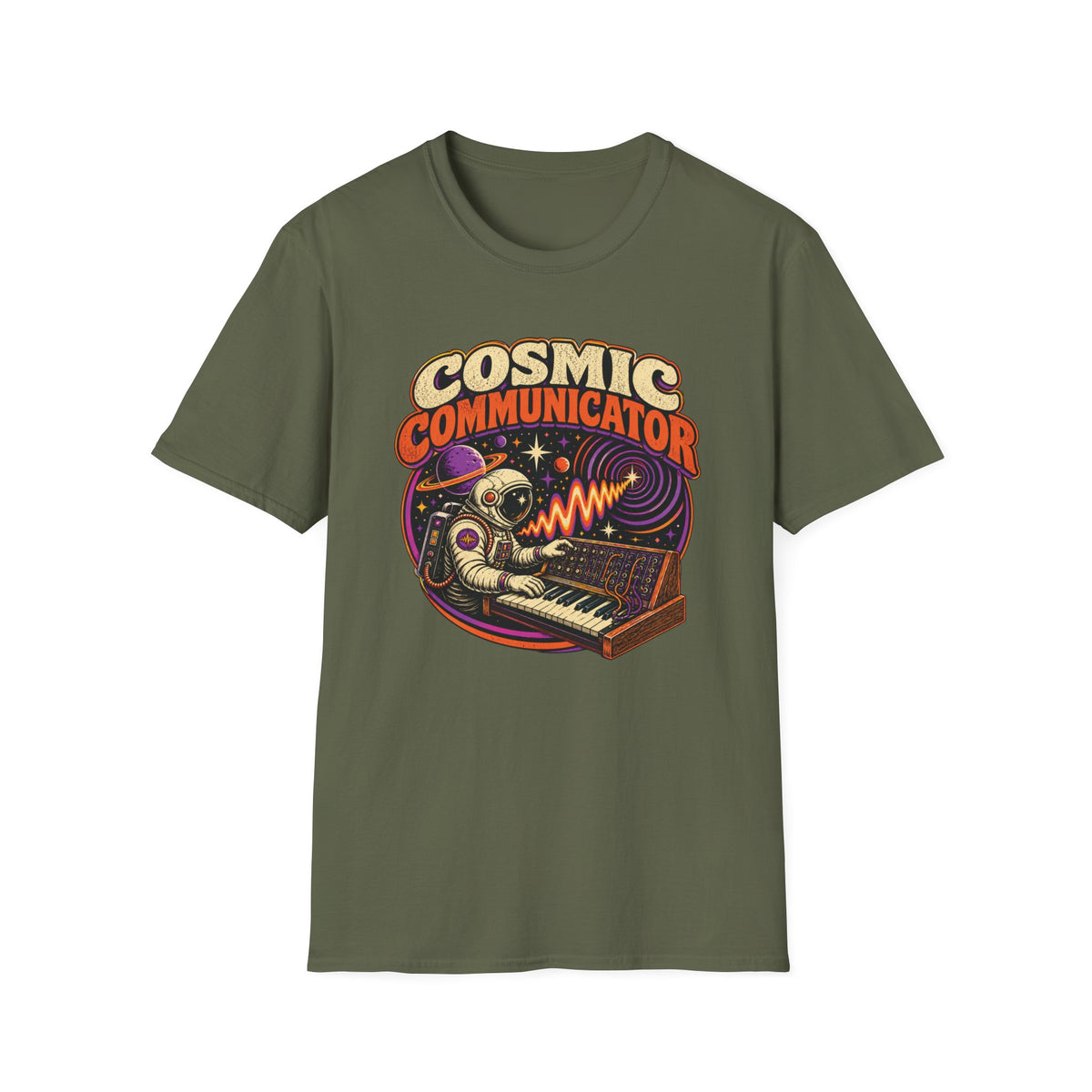 Military green Cosmic Communicator T-shirt with an astronaut playing a synthesizer among planets.