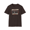 Dark brown Oscillators and Attitude T-shirt with a vintage synth panel with knobs and orange indicators.