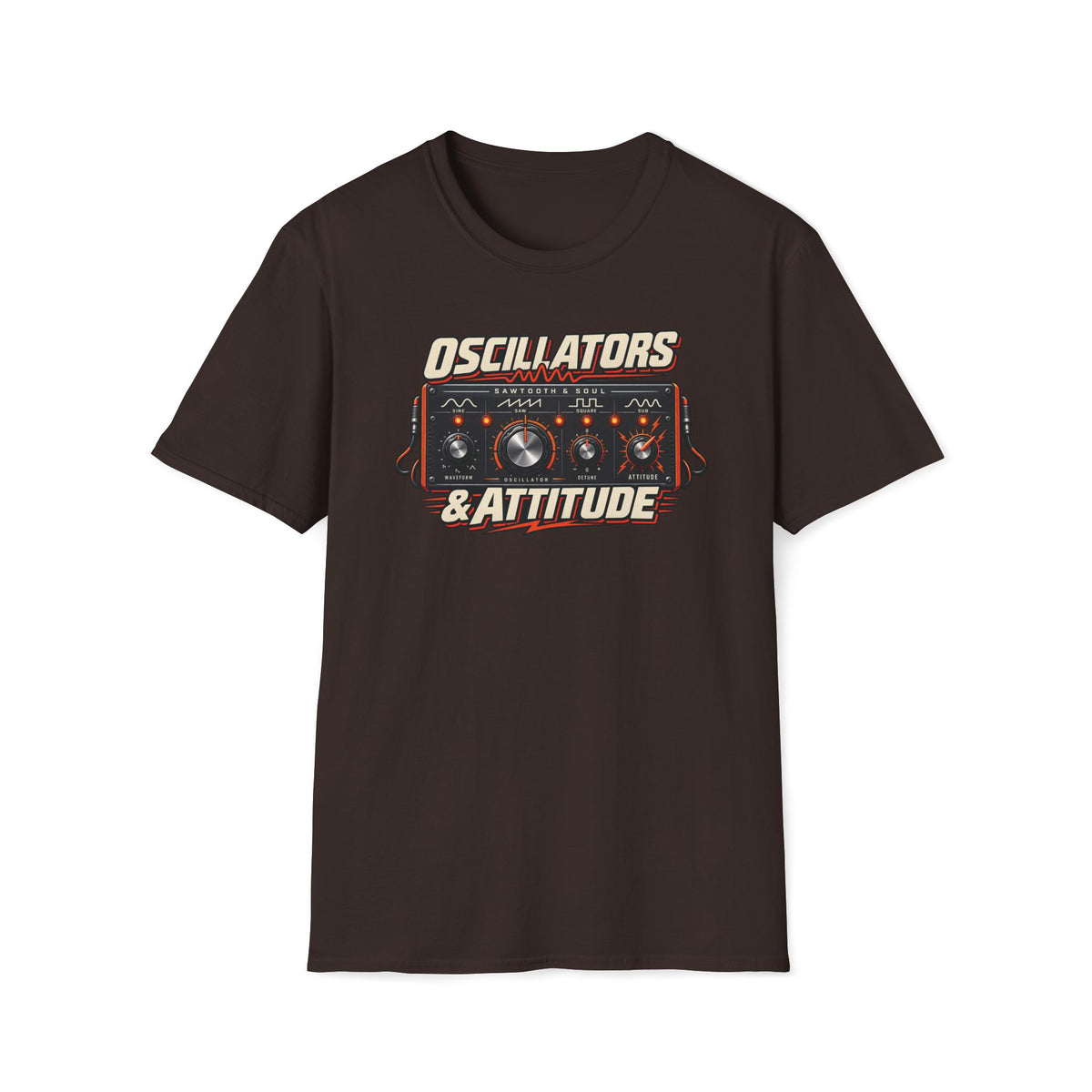 Dark brown Oscillators and Attitude T-shirt with a vintage synth panel with knobs and orange indicators.