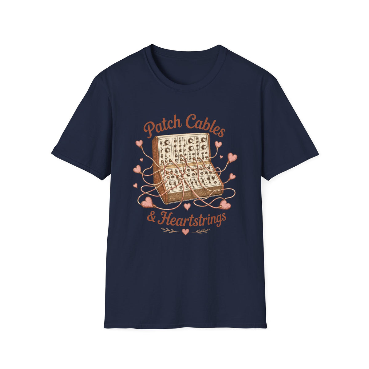 Navy Patch Cables & Heartstrings T-shirt with a modular synthesizer wrapped in heart-shaped cables.