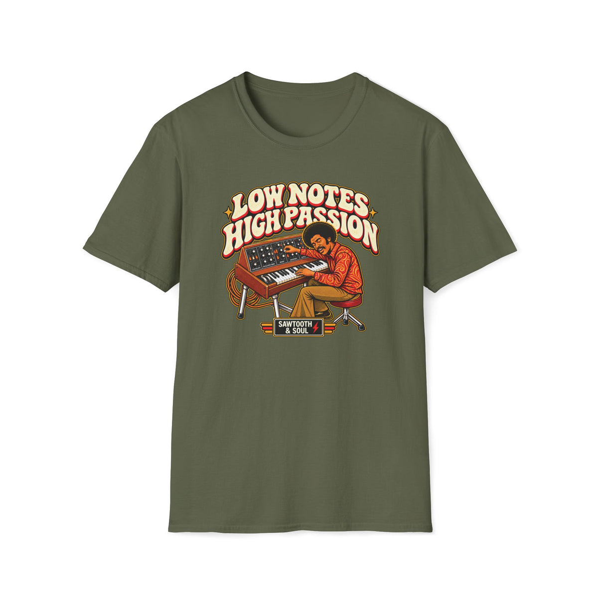 Military green Low Notes High Passion T-shirt with a seated synth player playing keys and adjusting controls.