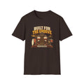 Dark brown Built for the Groove T-shirt with bass strings, drums, synth knobs, and analog meters.