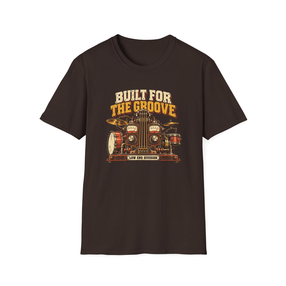 Dark brown Built for the Groove T-shirt with bass strings, drums, synth knobs, and analog meters.