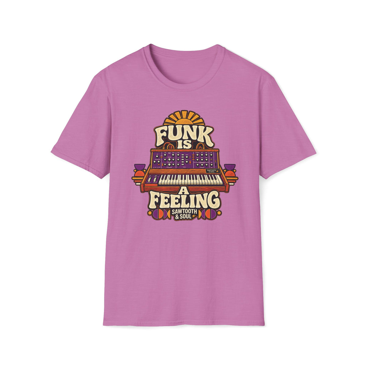Heather radiant orchid Funk Is a Feeling T-shirt with a vintage synthesizer and warm geometric accents.