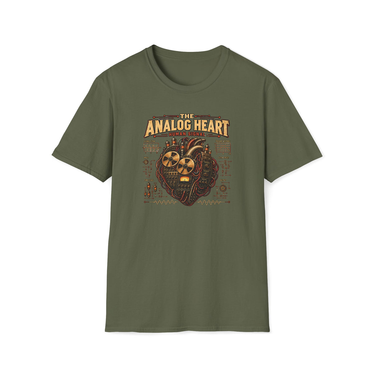 Military green The Analog Heart T-shirt with a mechanical heart built from tape reels and tubes.