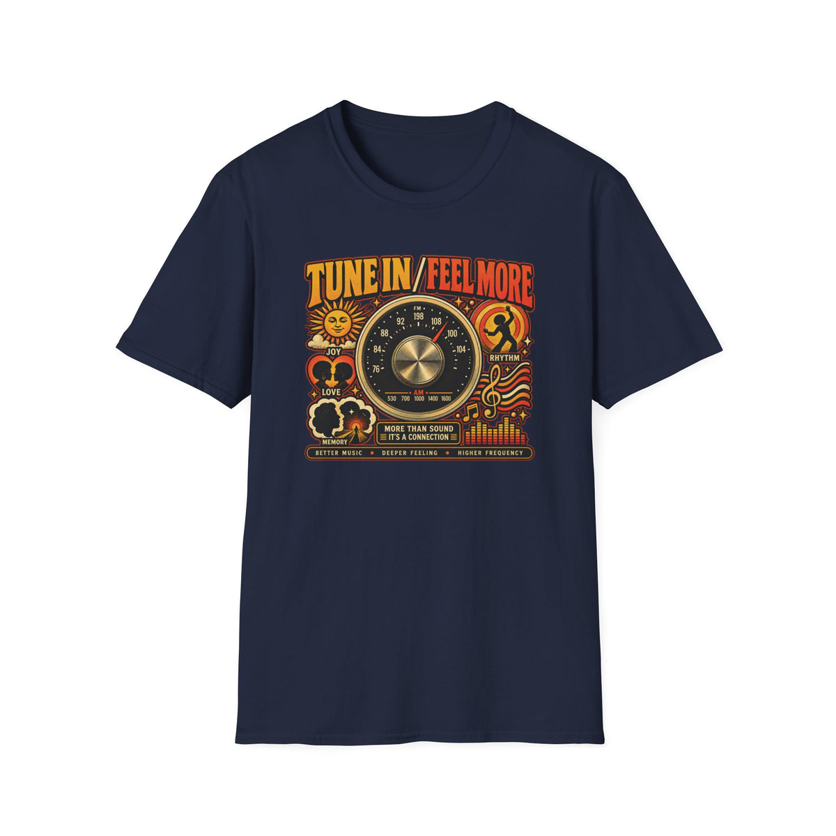 Navy Tune In Feel More T-shirt with a vintage radio dial and music-themed symbols.