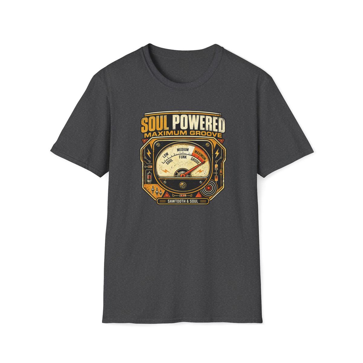 Dark heather gray Maximum Groove T-shirt with a vintage meter pushed into the Maximum Groove zone.