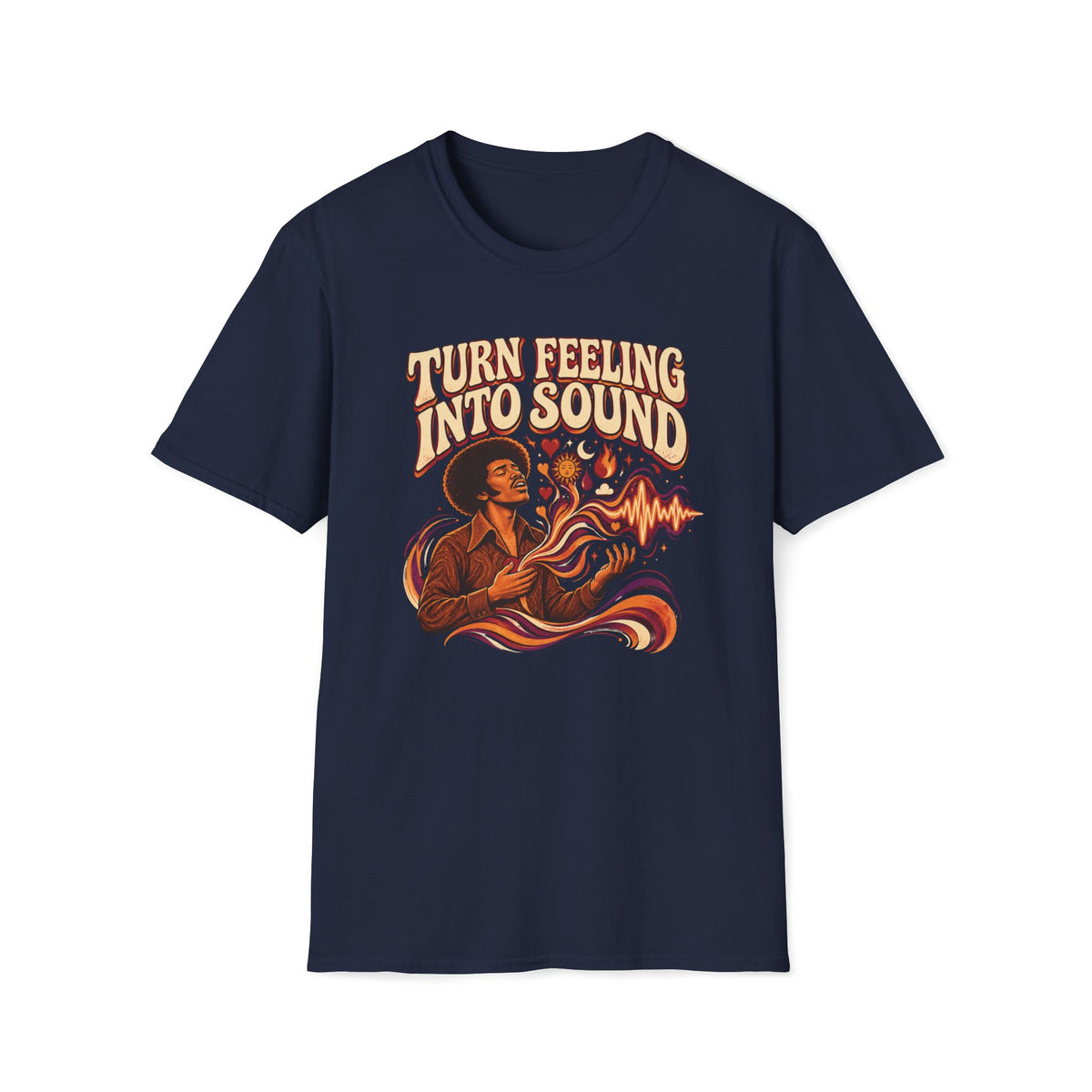 Navy Turn Feeling Into Sound T-shirt with a soulful figure surrounded by colorful sound waves.